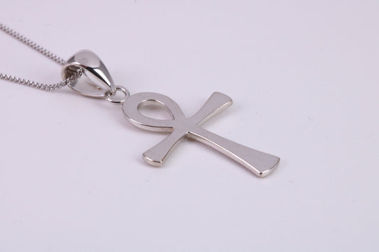 30 mm Long Ankh Cross Necklace, made from solid Sterling Silver, With 18 Inch Long Chain