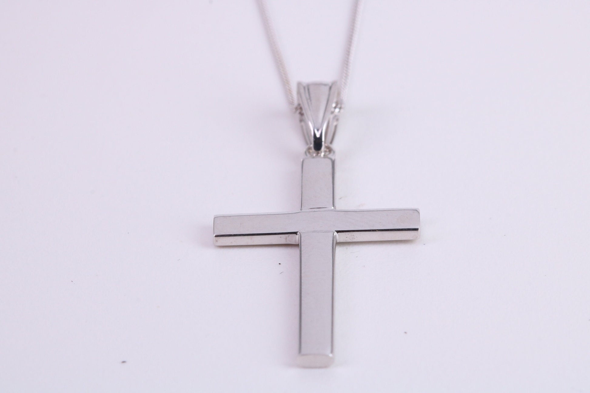 27 mm Long Cross Necklace Together with 18 Inch Long Chain, Made from Solid White Gold with High Polished Finish