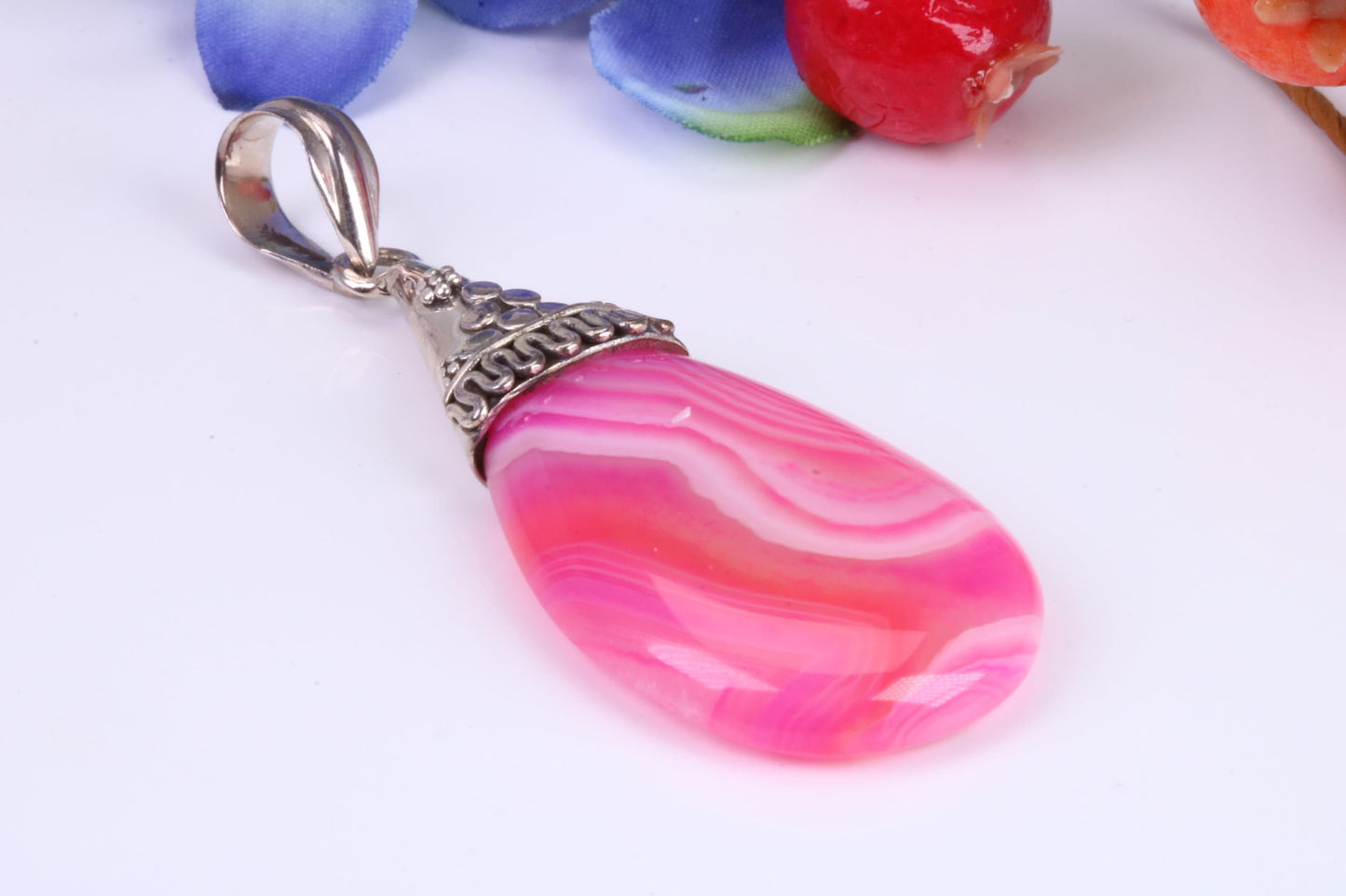 Large Pink Agate set Silver Necklace