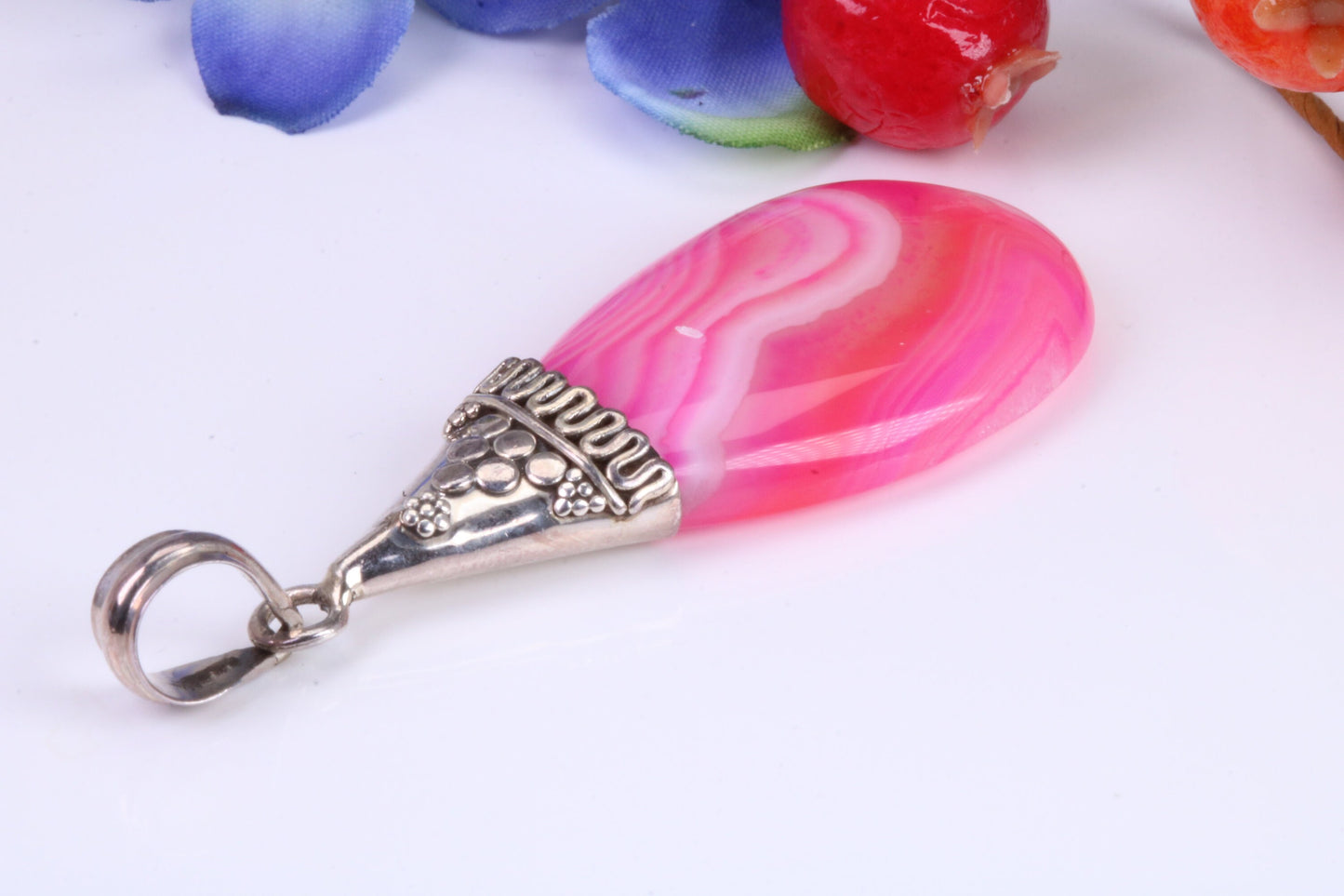 Large Pink Agate set Silver Necklace