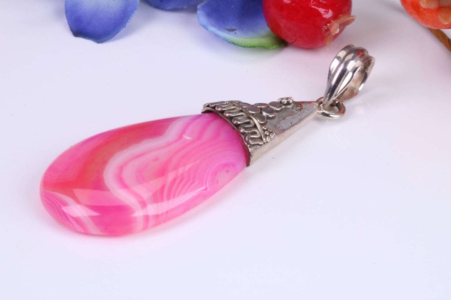 Large Pink Agate set Silver Necklace