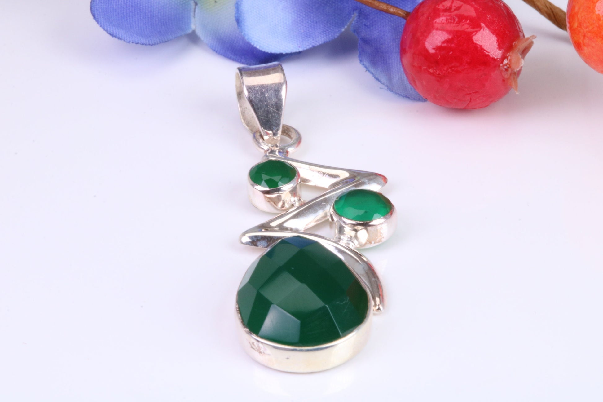 Very Large Green Agate and Emerald C Z Necklace in Sterling Silver