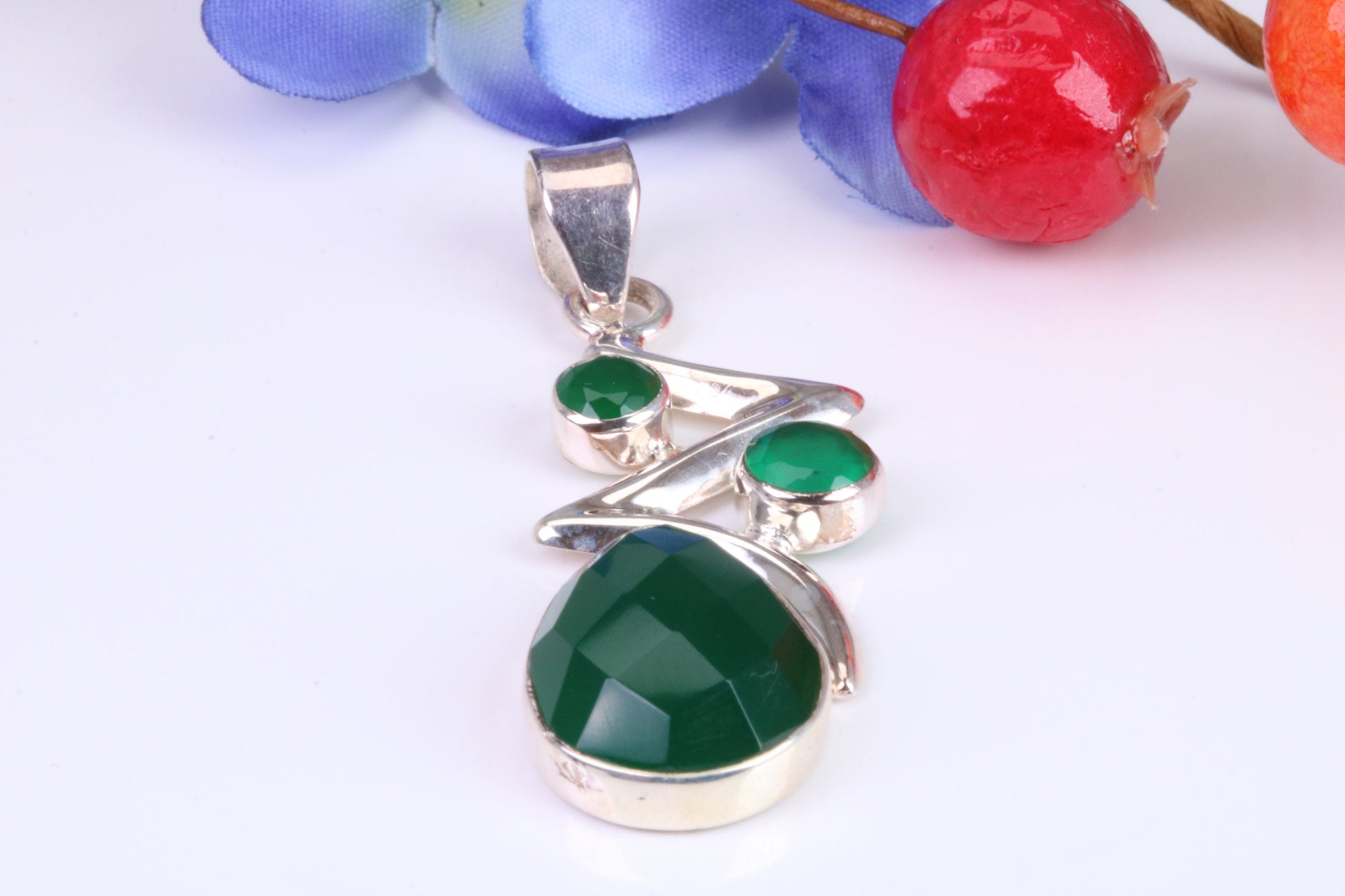 Very Large Green Agate and Emerald C Z Pendant in Sterling Silver