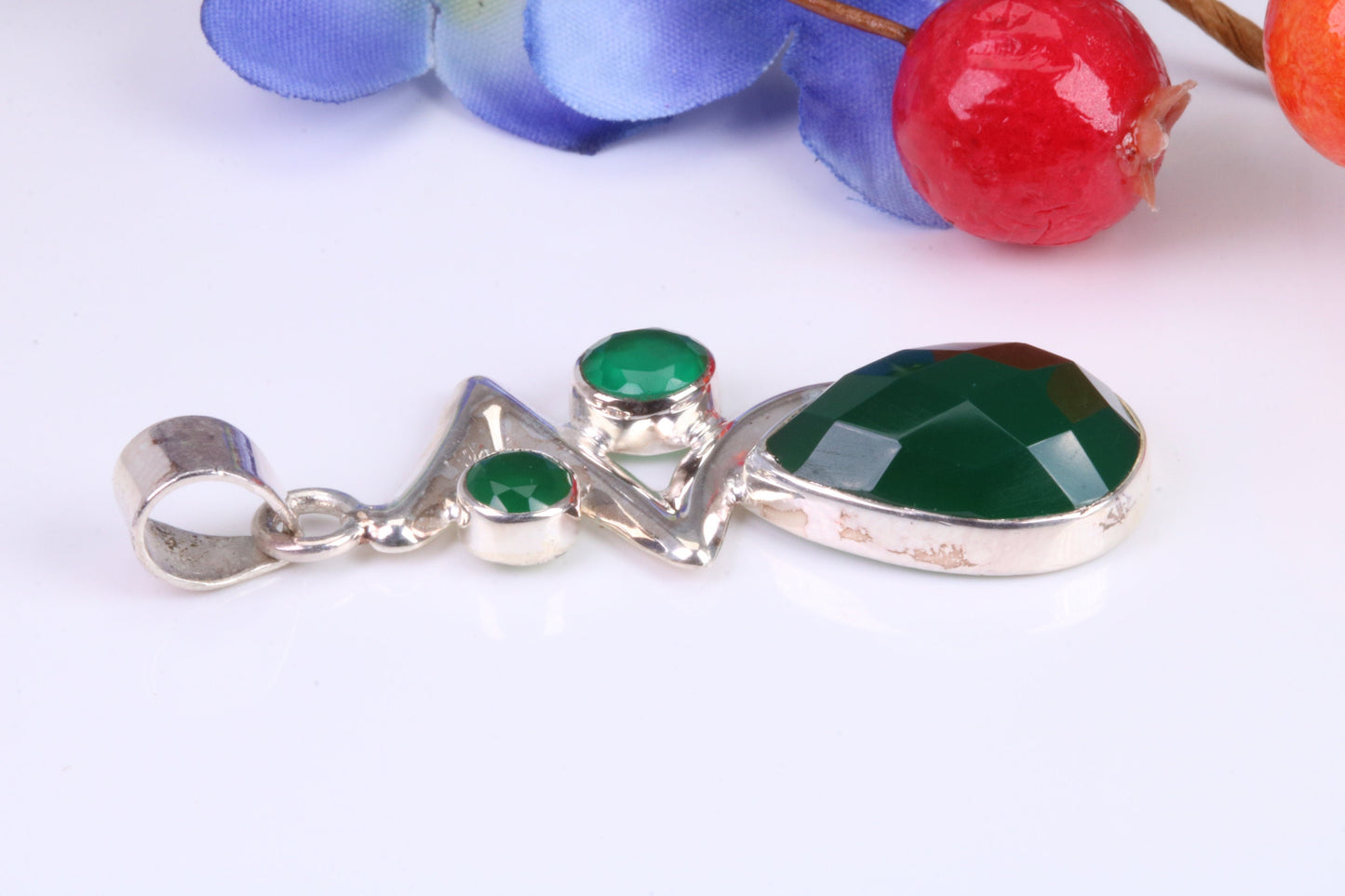 Very Large Green Agate and Emerald C Z Necklace in Sterling Silver