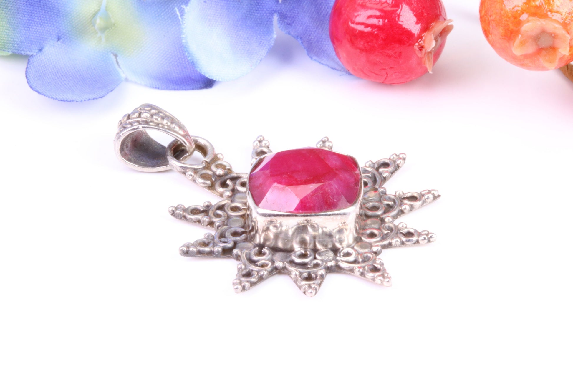 Real Ruby set Sun Necklace set in Sterling Silver