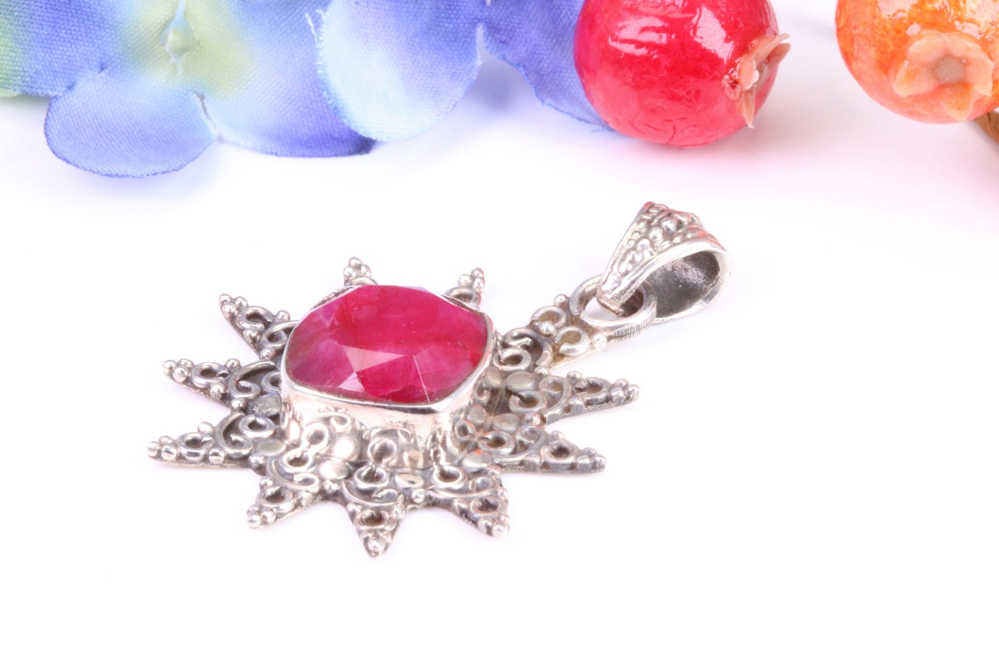 Real Ruby set Sun Necklace set in Sterling Silver