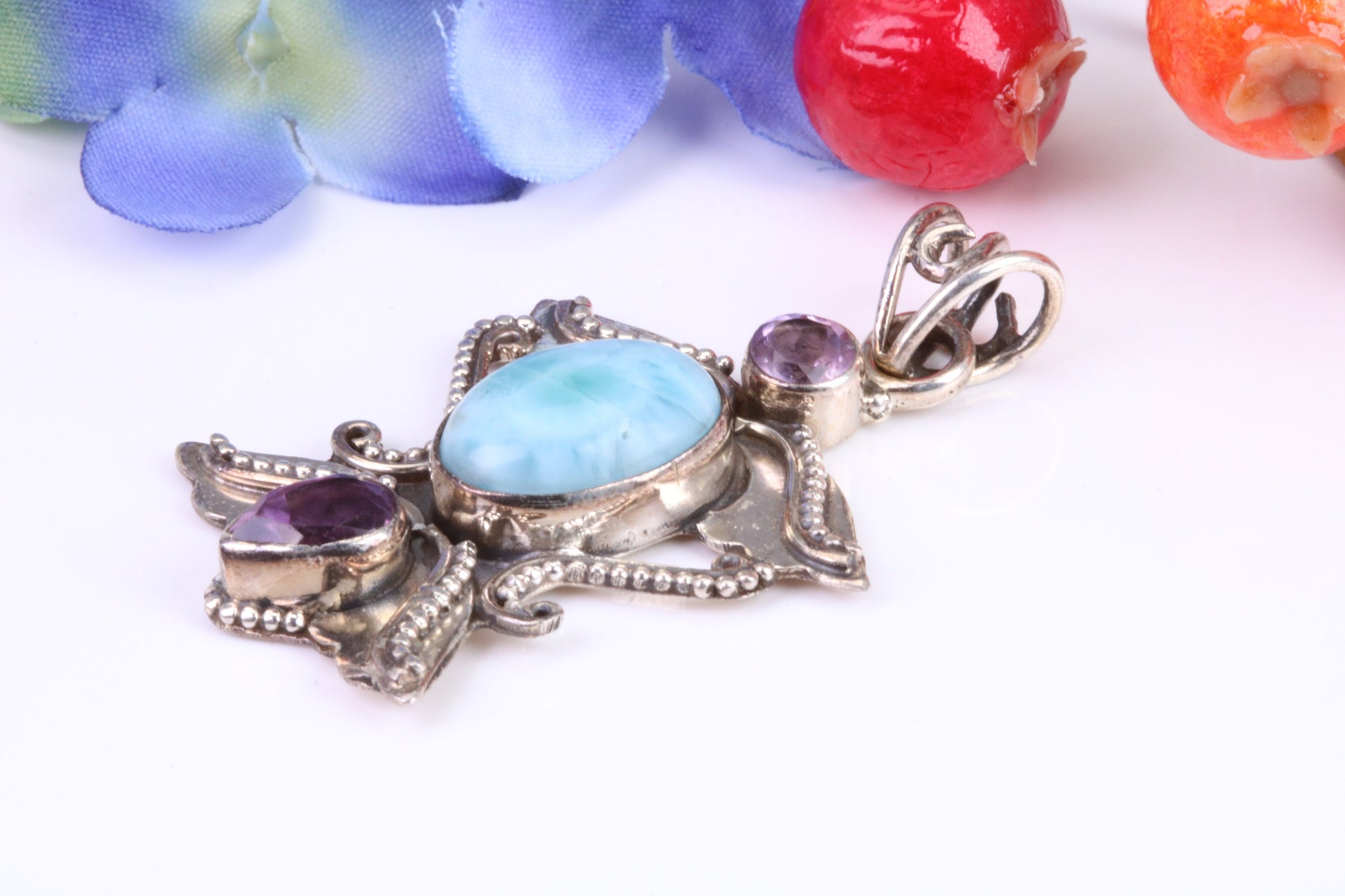 Large Blue Agate and Amethyst Gemstones Sterling Silver Pendant