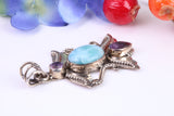 Large Blue Agate and Amethyst Gemstones Sterling Silver Pendant