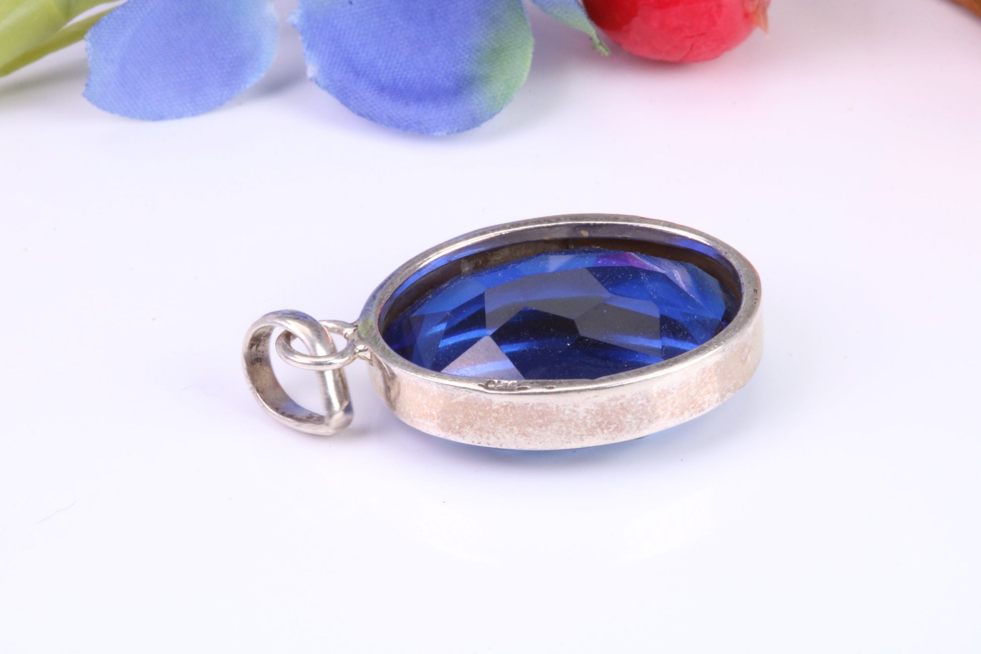 Very Large Sapphire Blue C Z Pendant in Sterling Silver