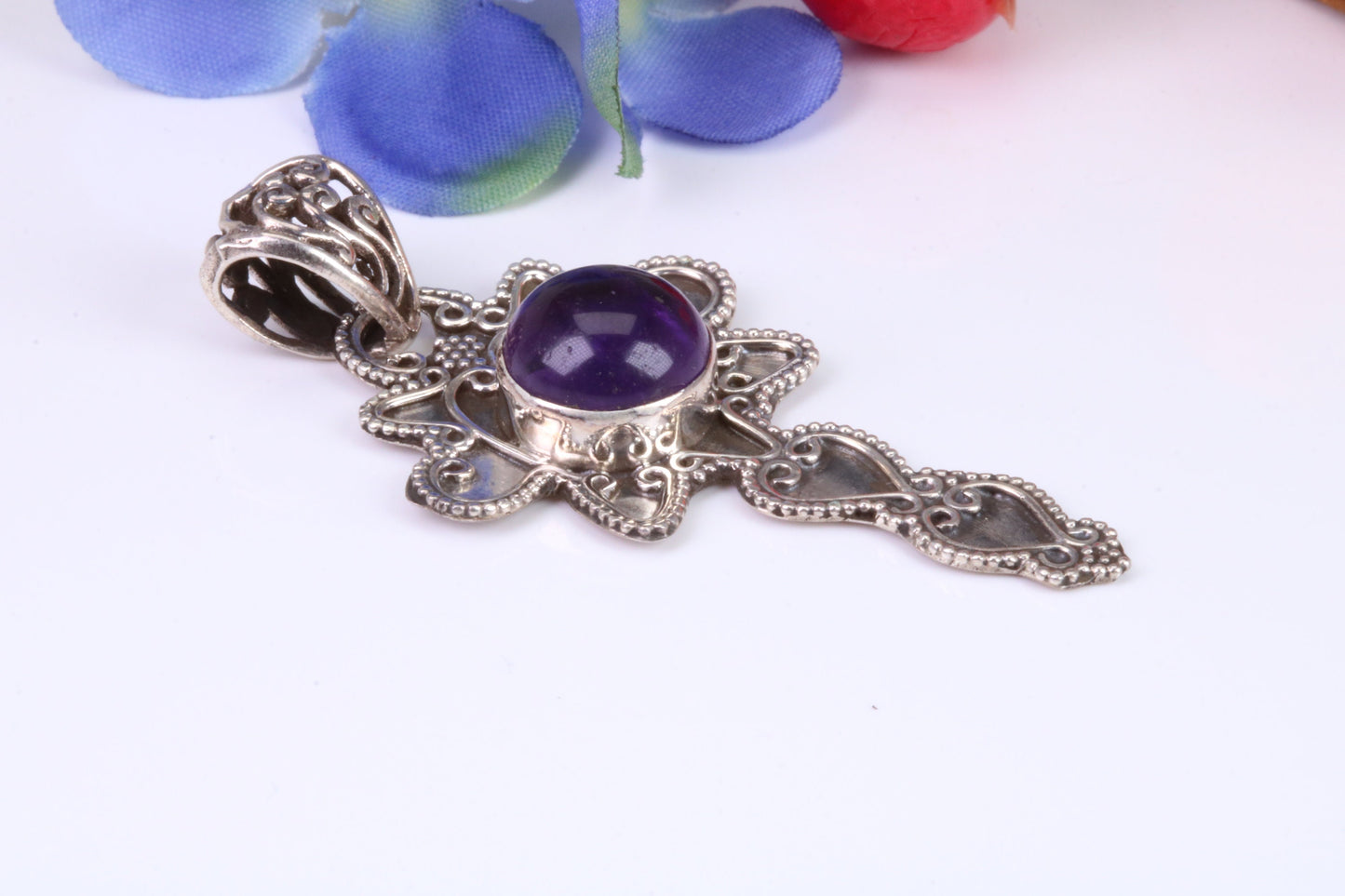 Real Cabochon cut Amethyst set Necklace in Sterling Silver