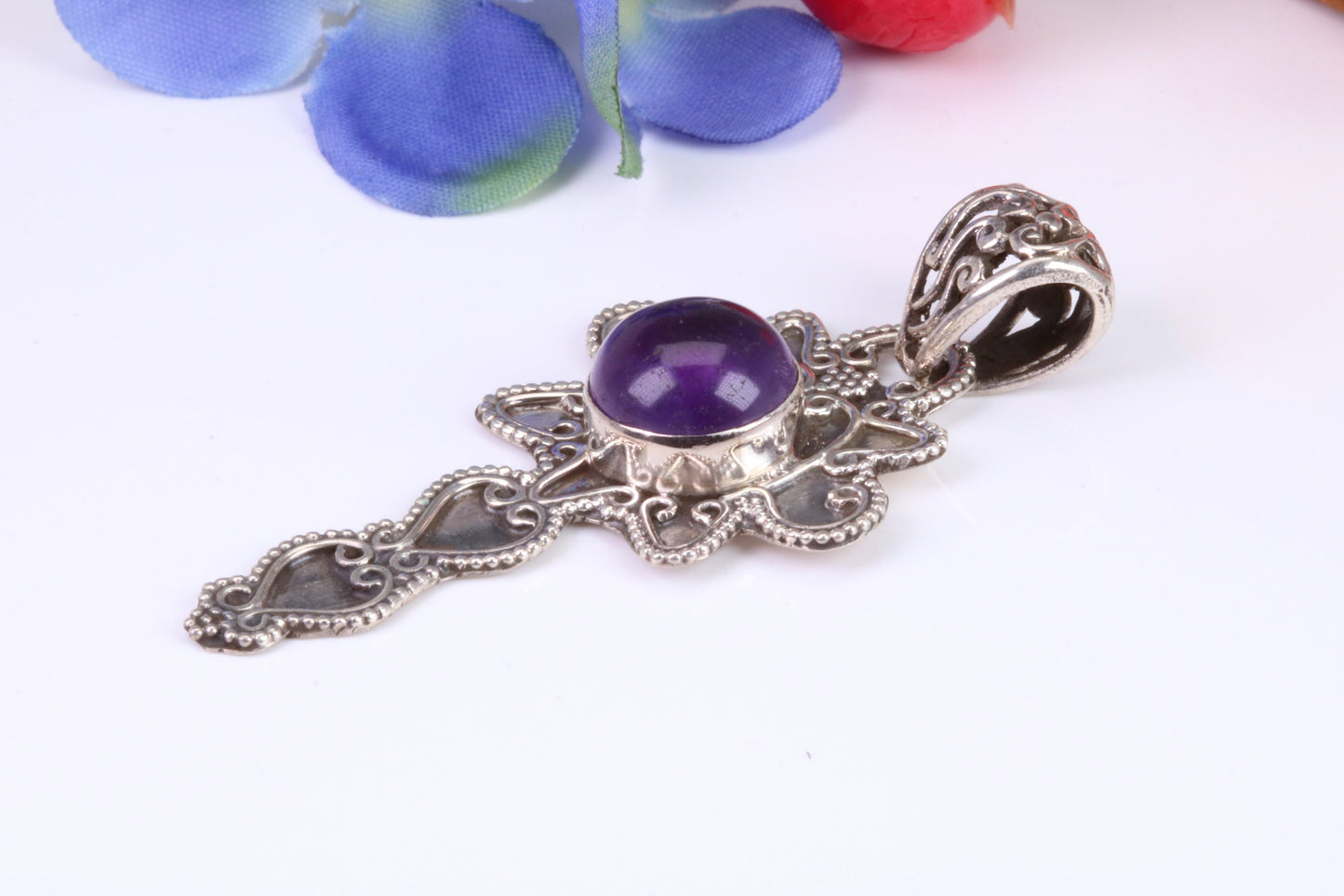 Real Cabochon cut Amethyst set Necklace in Sterling Silver