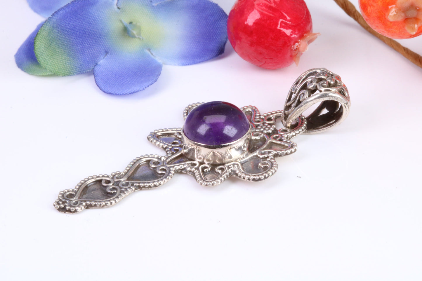 Real Cabochon cut Amethyst set Necklace in Sterling Silver