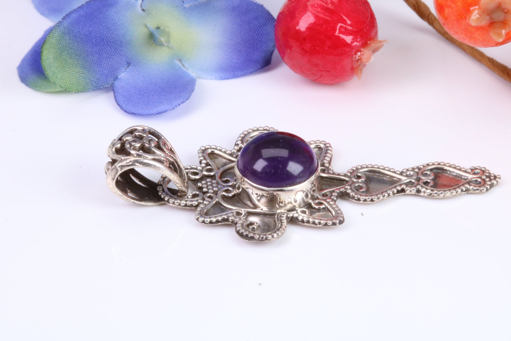 Real Cabochon cut Amethyst set Necklace in Sterling Silver