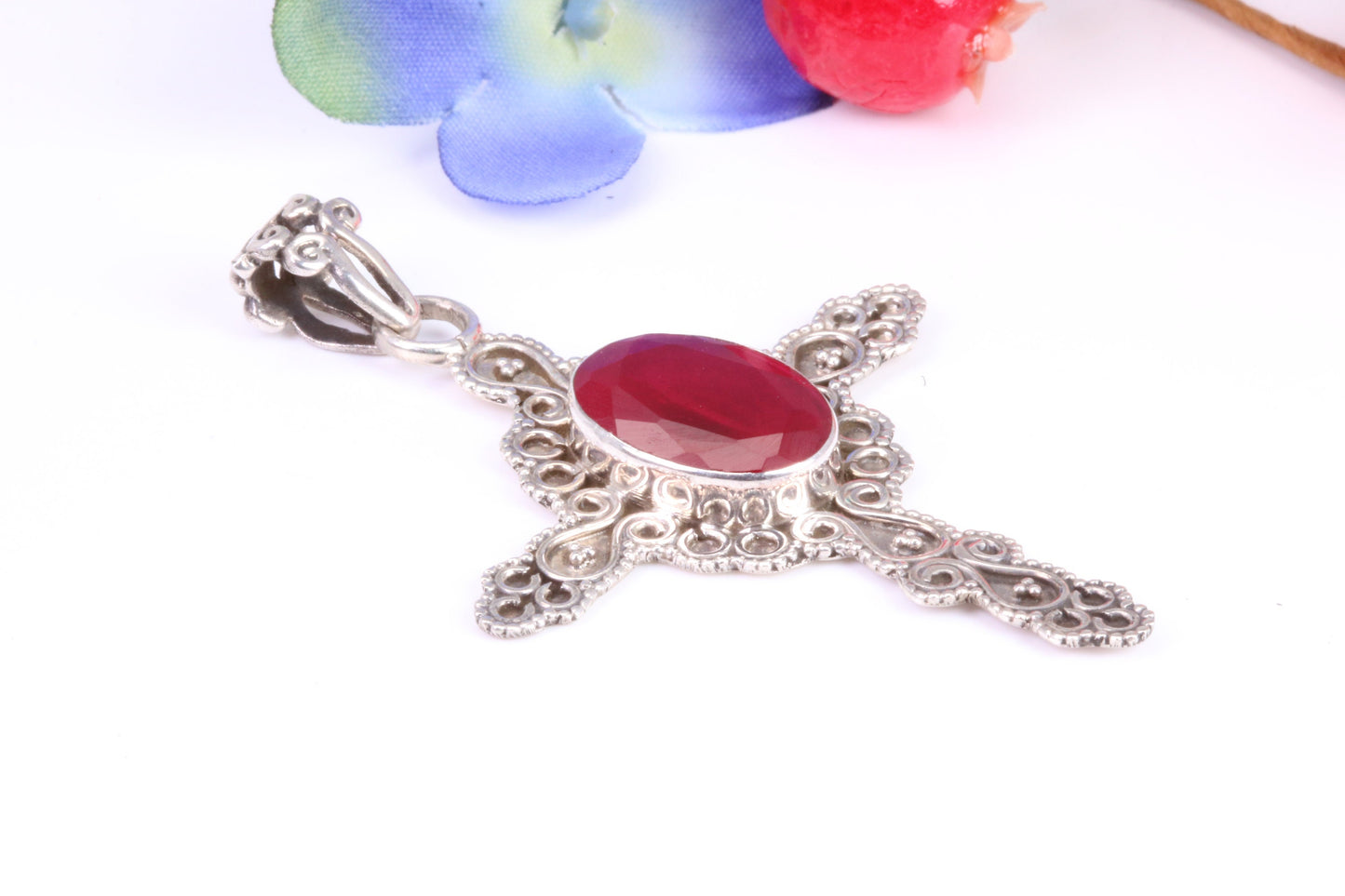 Real Ruby set Cross Necklace in Sterling Silver