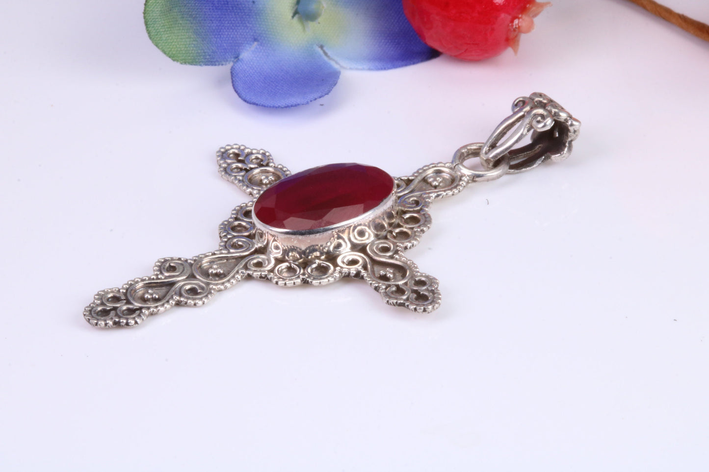 Real Ruby set Cross Necklace in Sterling Silver