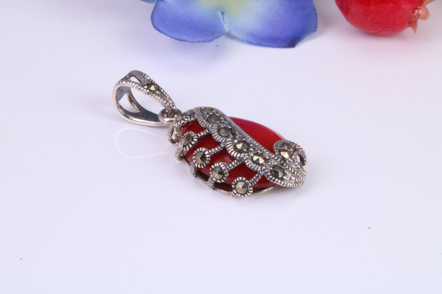 Red Agate and Marcasite set Pendant in Sterling Silver