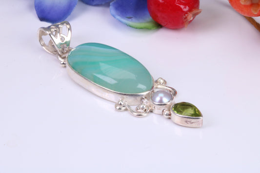 Large Green Agate, Peridot and Pearl Necklace in Sterling Silver