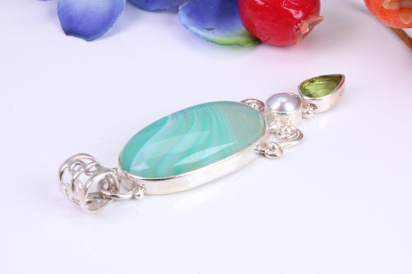 Large Green Agate, Peridot and Pearl Necklace in Sterling Silver