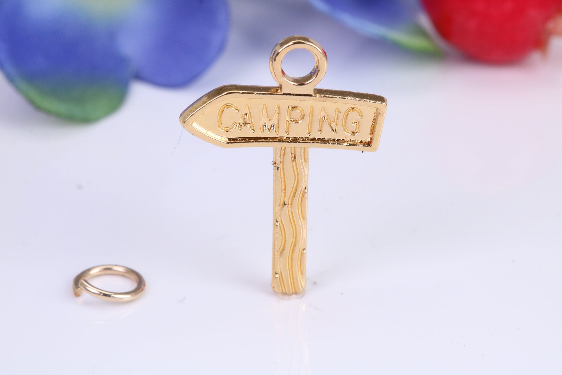 Camping Sign Charm, Traditional Charm, Made from Solid 9ct Yellow Gold, British Hallmarked, Complete with Attachment Link