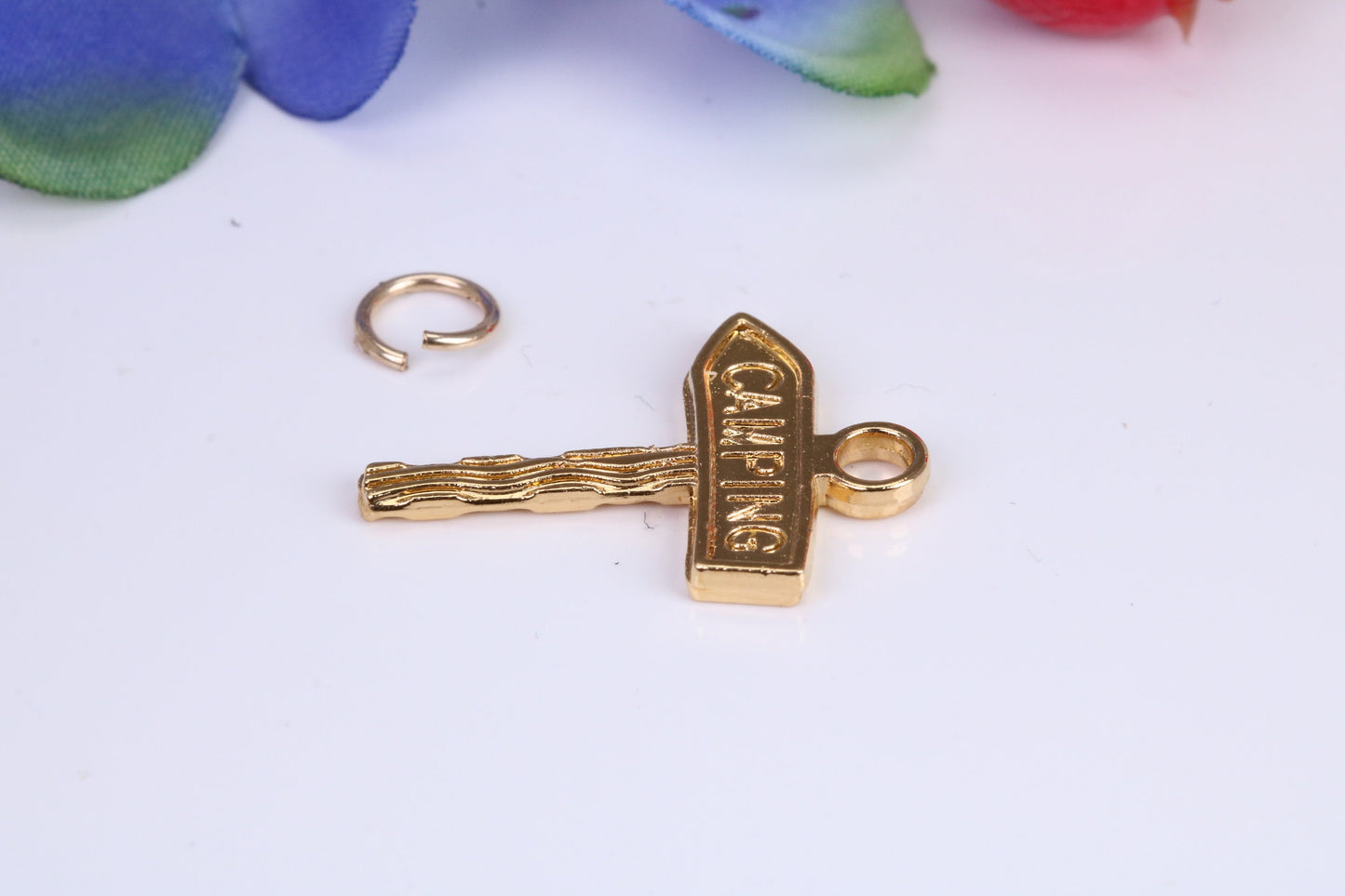 Camping Sign Charm, Traditional Charm, Made from Solid 9ct Yellow Gold, British Hallmarked, Complete with Attachment Link