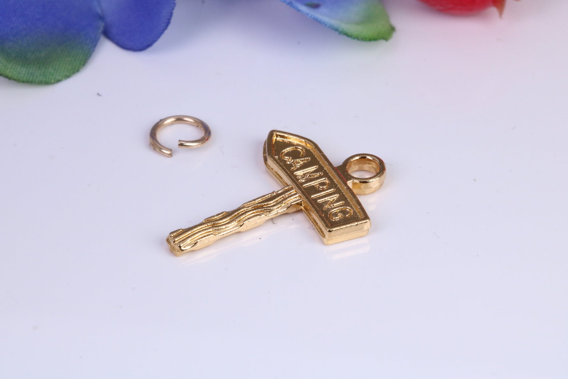 Camping Sign Charm, Traditional Charm, Made from Solid 9ct Yellow Gold, British Hallmarked, Complete with Attachment Link