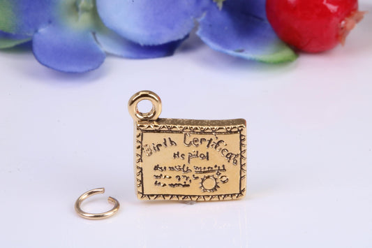 Birth Certificate Charm, Traditional Charm, Made from Solid Cast Yellow Gold, British Hallmarked