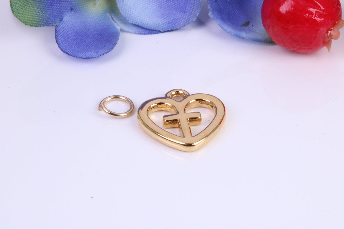 Cross In Love Heart Charm, Traditional Charm, Made from Solid Cast Yellow Gold, British Hallmarked