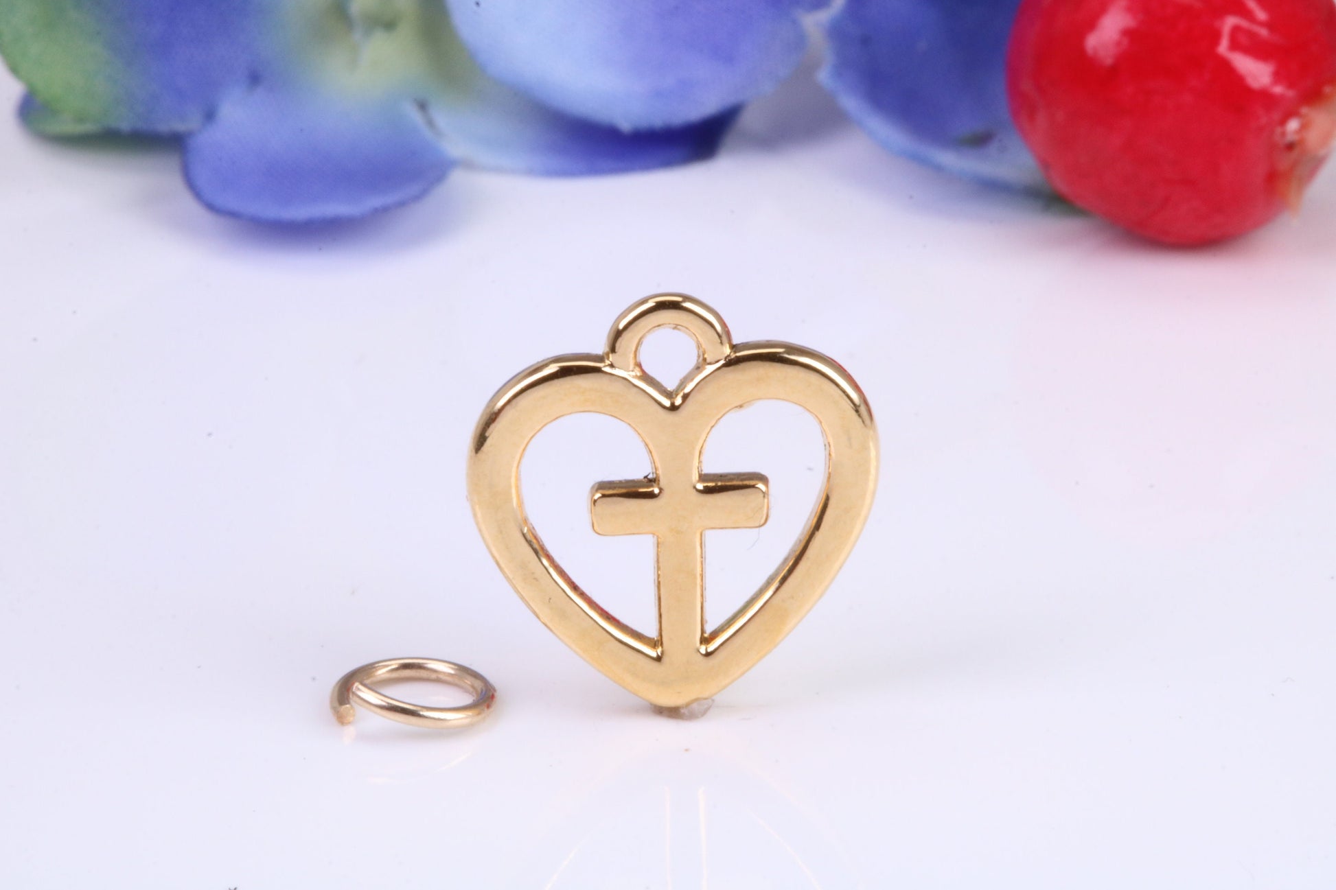 Cross In Love Heart Charm, Traditional Charm, Made from Solid Cast Yellow Gold, British Hallmarked