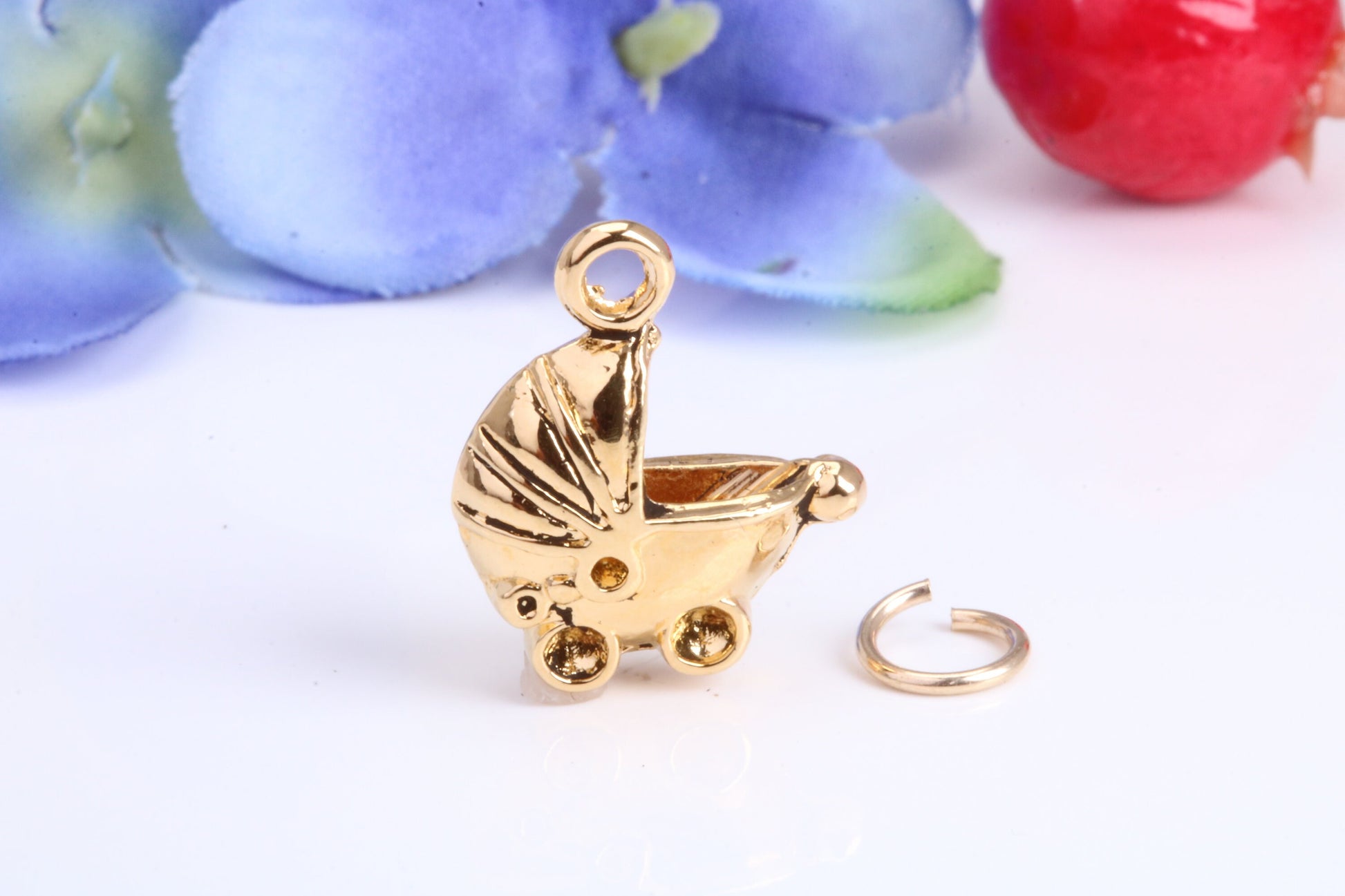 Baby Pram Charm, Traditional Charm, Made from Solid Cast Yellow Gold, British Hallmarked