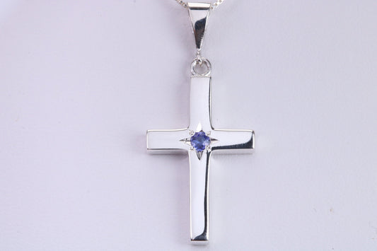 Chunky Real Tanzanite set Cross Necklace, Made From Solid Cast Silver, Complete With Chain