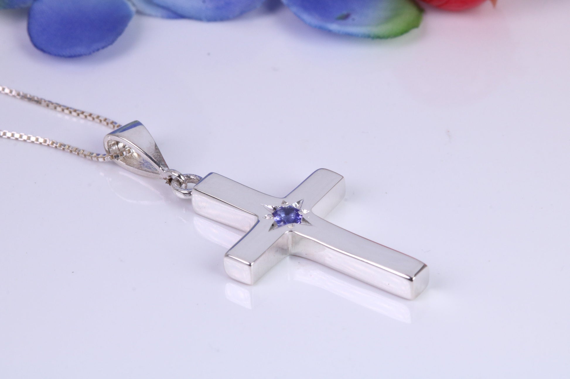 Chunky Real Tanzanite set Cross Necklace, Made From Solid Cast Silver, Complete With Chain