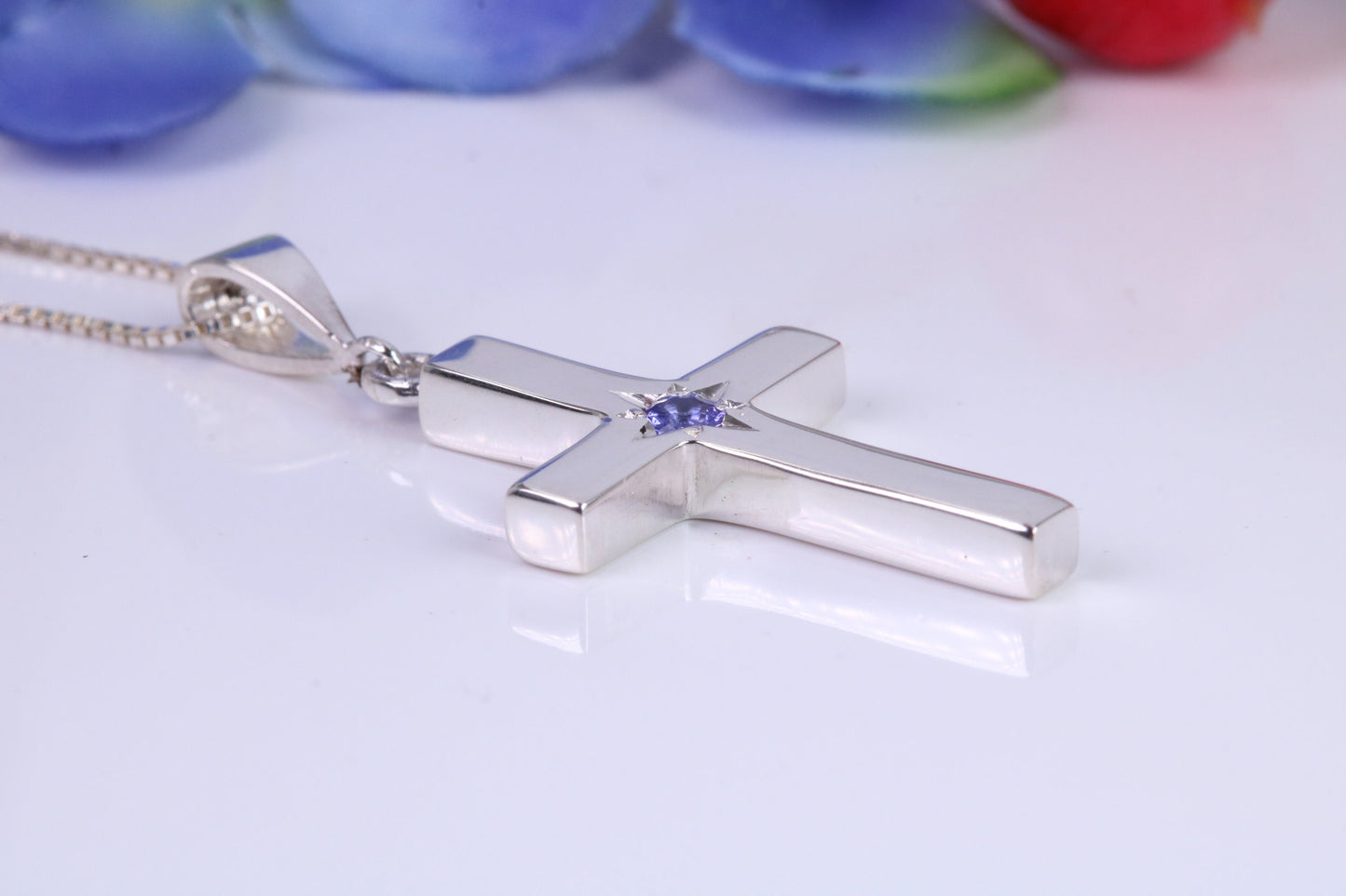 Chunky Real Tanzanite set Cross Necklace, Made From Solid Cast Silver, Complete With Chain