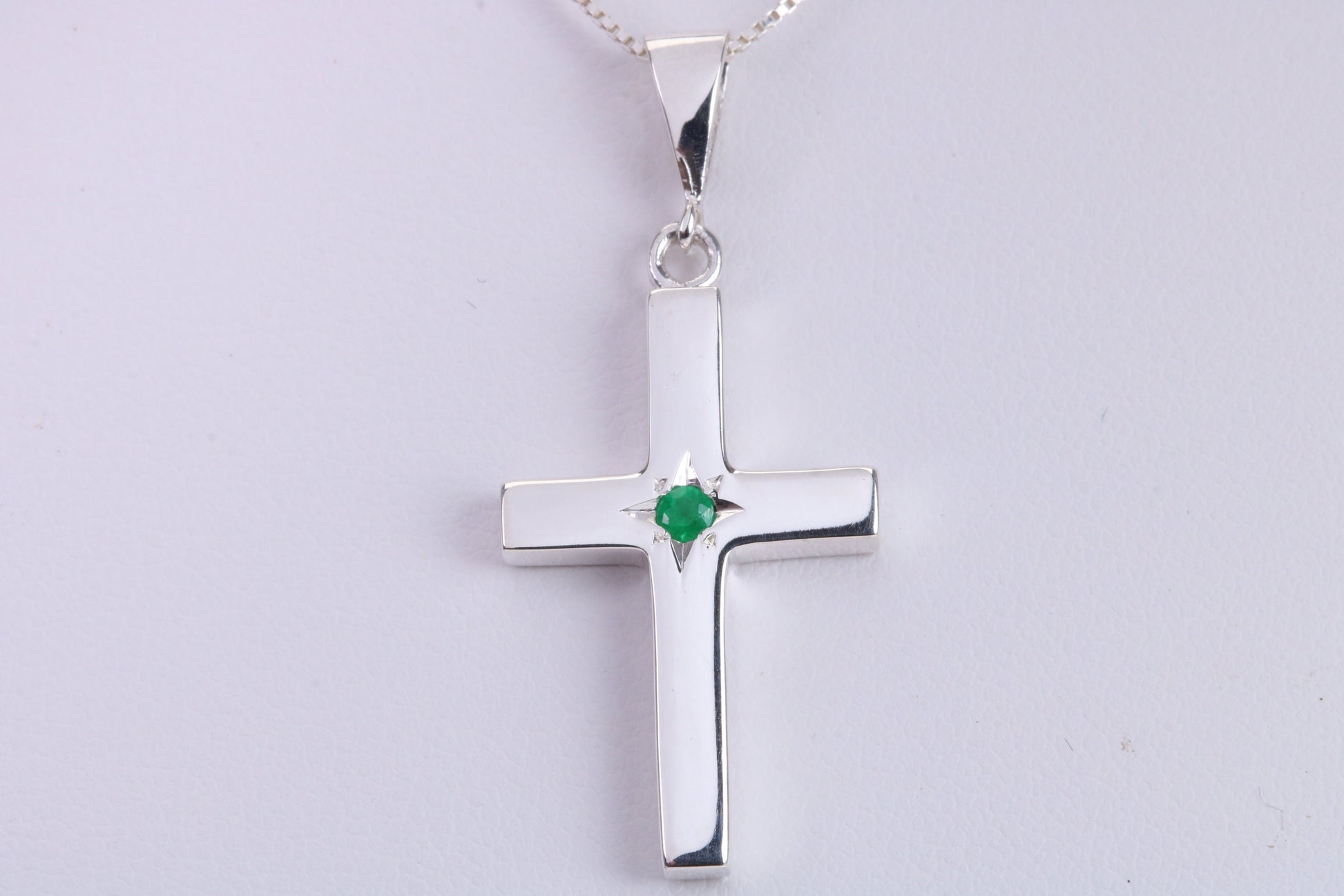 Chunky Real Emerald set Cross Necklace, Made From Solid Cast Silver, Complete With Chain