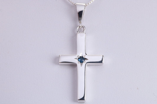 Chunky Real Blue Sapphire set Cross Necklace, Made From Solid Cast Silver, Complete With Chain