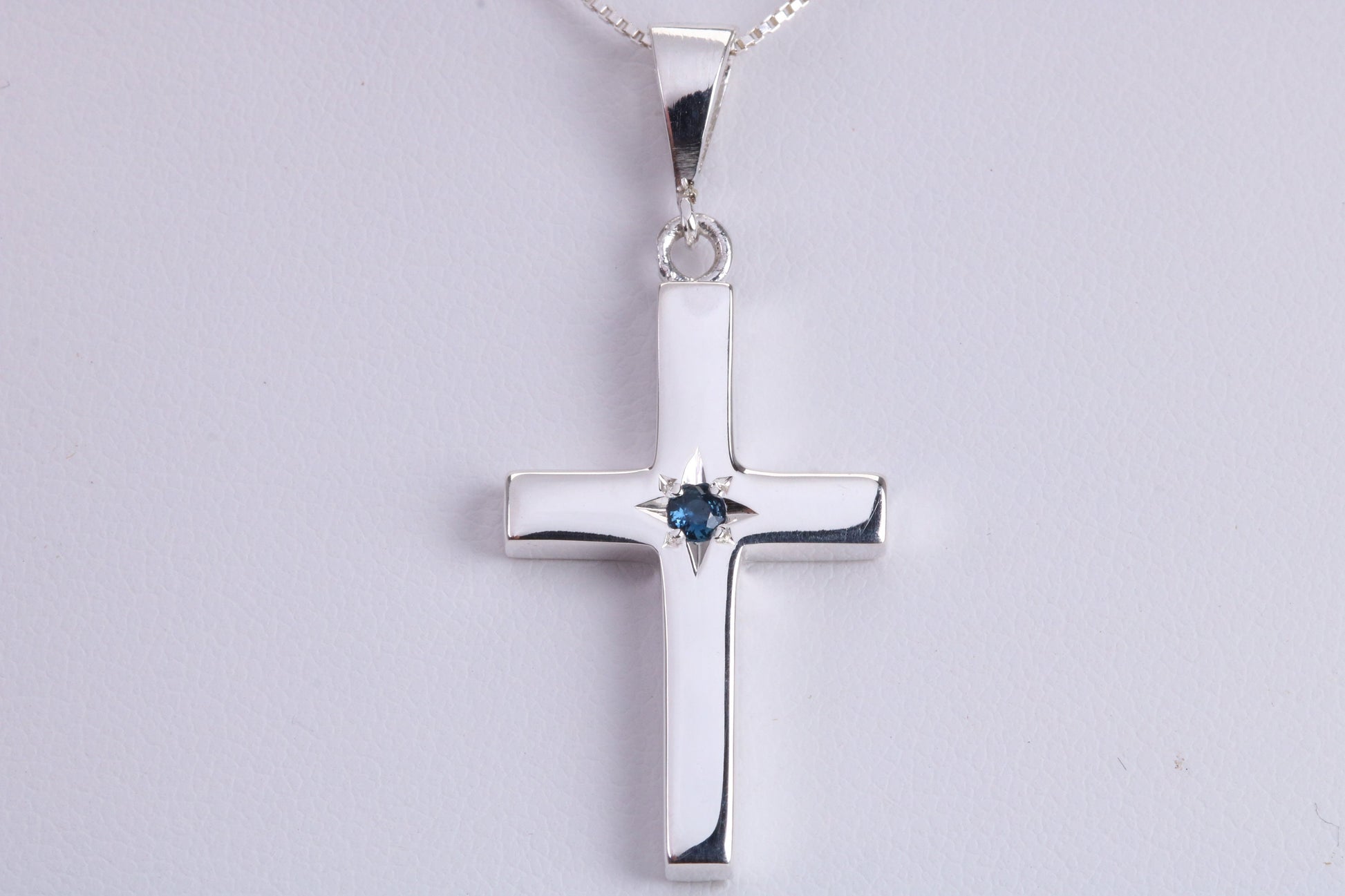 Chunky Real Blue Sapphire set Cross Necklace, Made From Solid Cast Silver, Complete With Chain