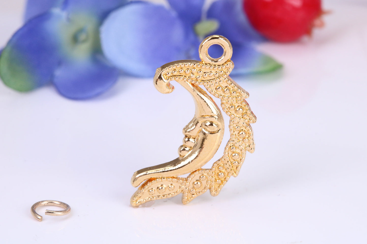 Floral Moon Charm, Traditional Charm, Made from Solid Cast Yellow Gold, British Hallmarked