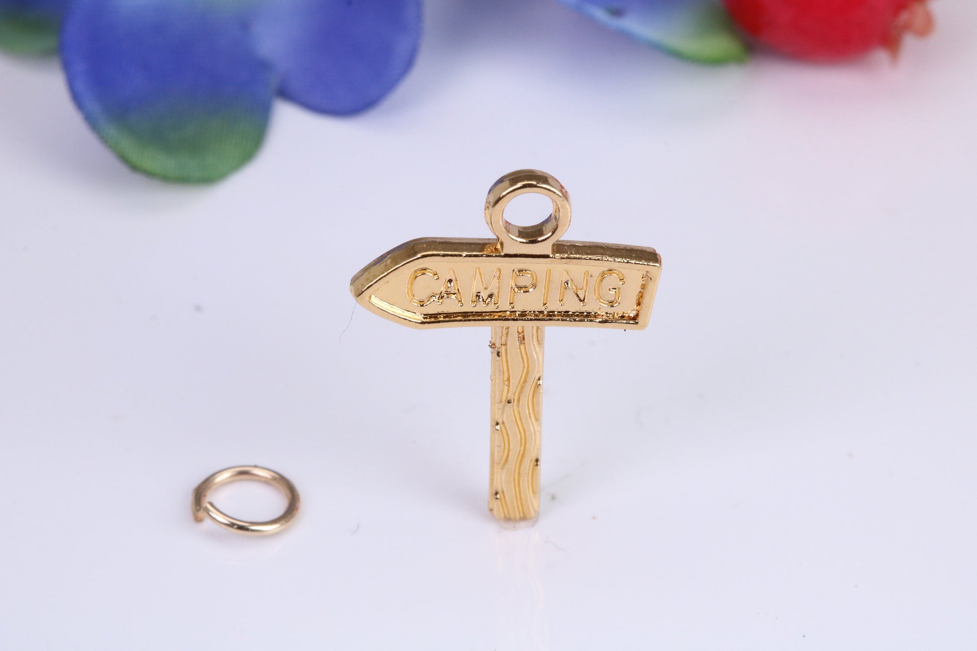 Camping Sign Charm, Traditional Charm, Made from Solid 9ct Yellow Gold, British Hallmarked, Complete with Attachment Link