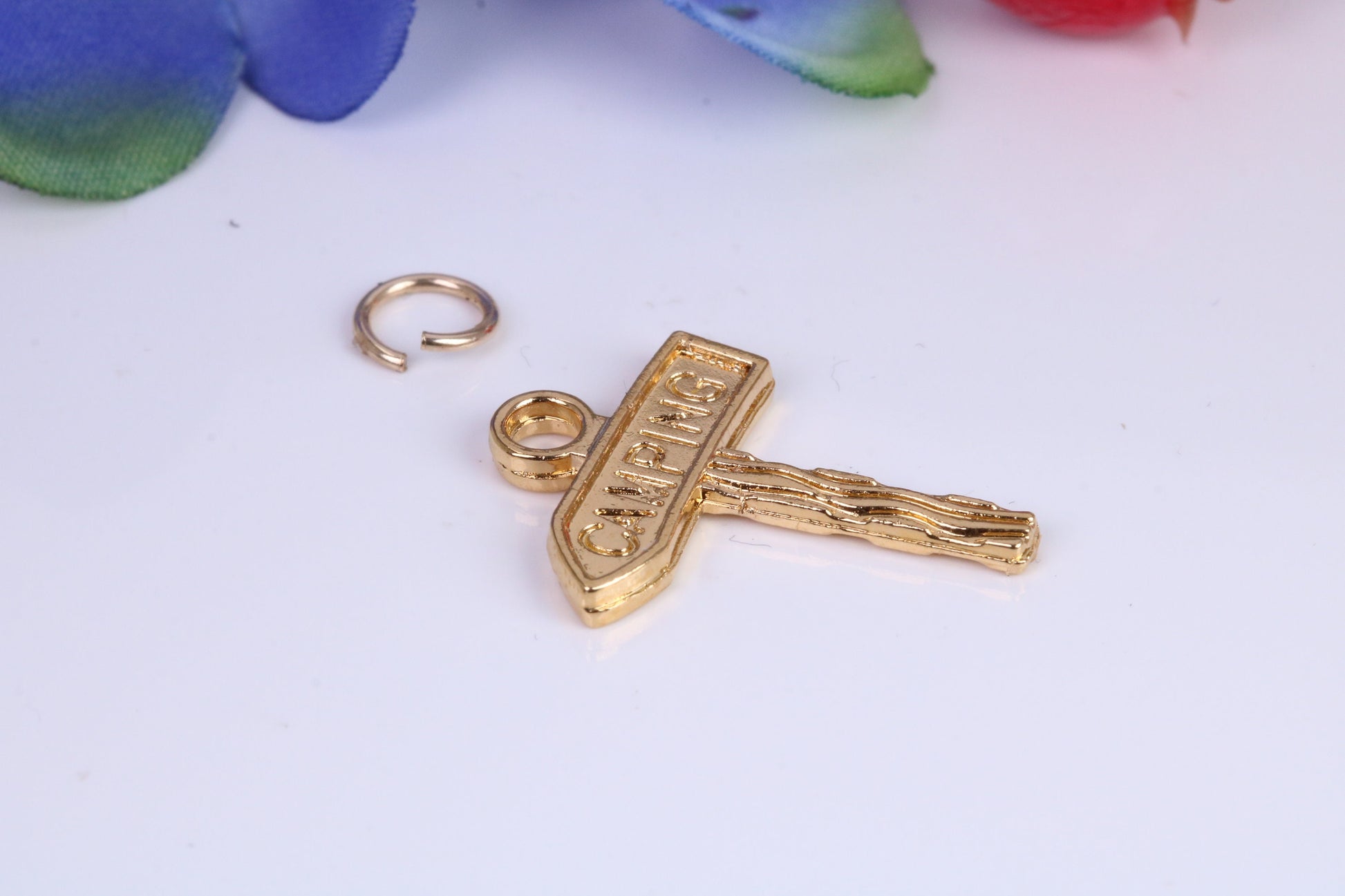 Camping Sign Charm, Traditional Charm, Made from Solid 9ct Yellow Gold, British Hallmarked, Complete with Attachment Link