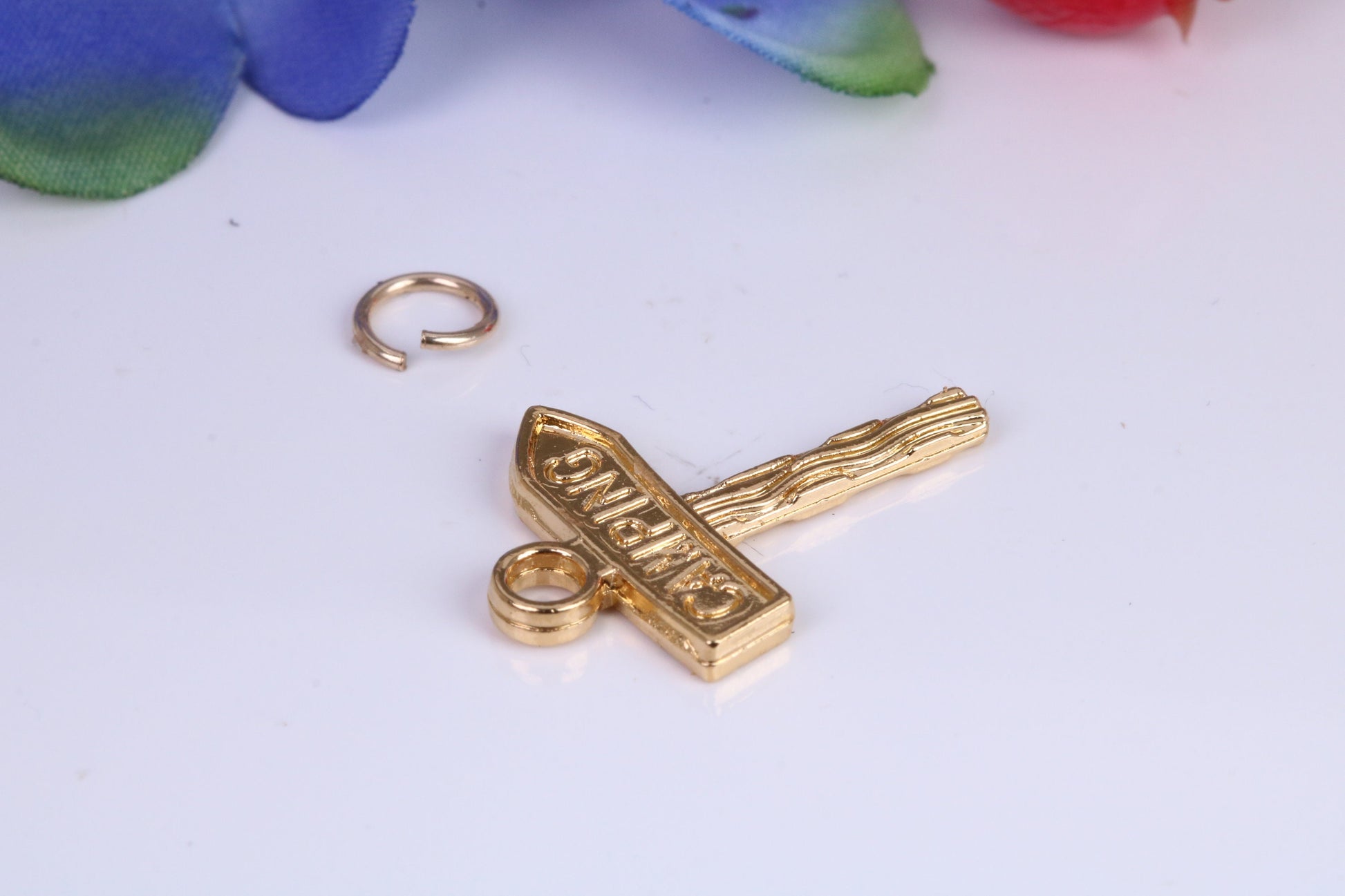 Camping Sign Charm, Traditional Charm, Made from Solid 9ct Yellow Gold, British Hallmarked, Complete with Attachment Link