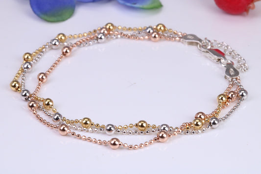 Three Strand, Three Tone Bracelet, With Length Adjustable Chain, Made from solid Sterling Silver