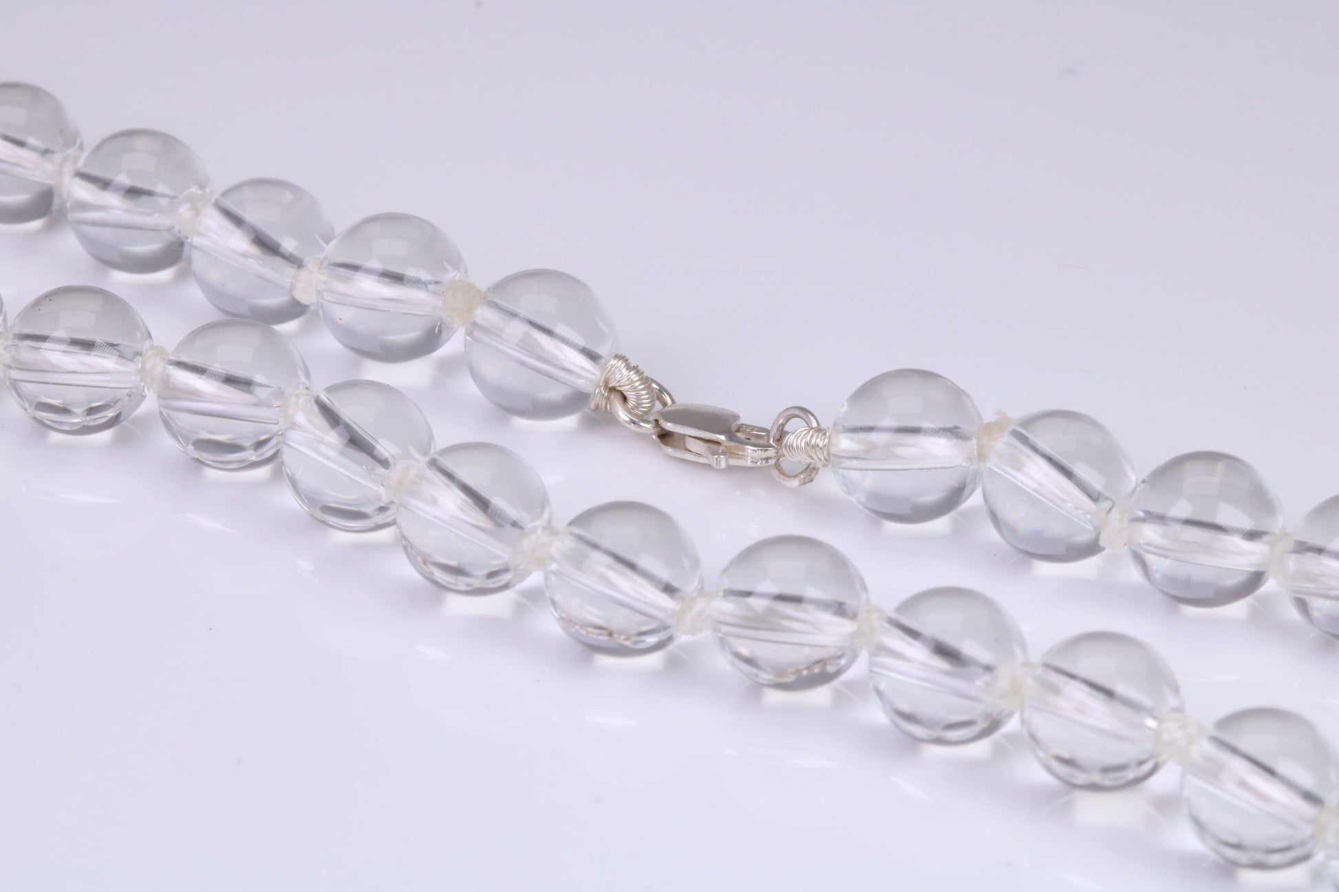 Natural 8 mm Round Crystal Beaded Necklace with Solid Silver Lobster Claw Lock