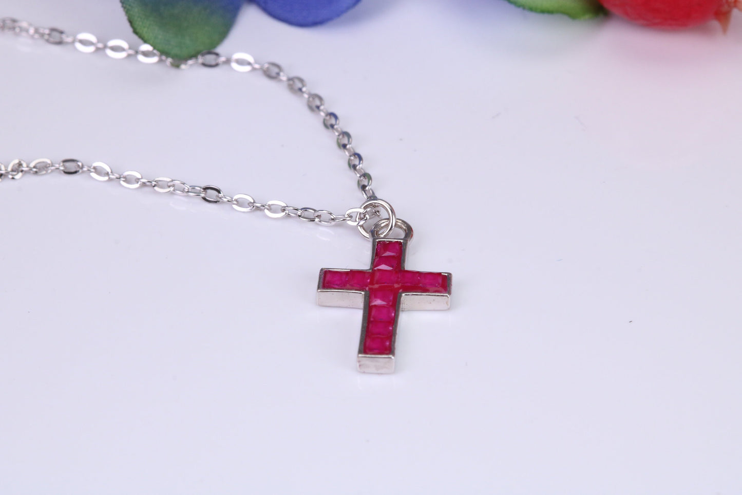 Red C Z set Cross Necklace, Made From Solid Cast Silver, Complete With Chain