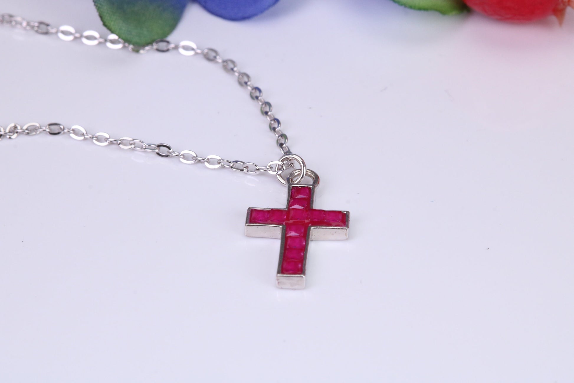 Red C Z set Cross Necklace, Made From Solid Cast Silver, Complete With Chain