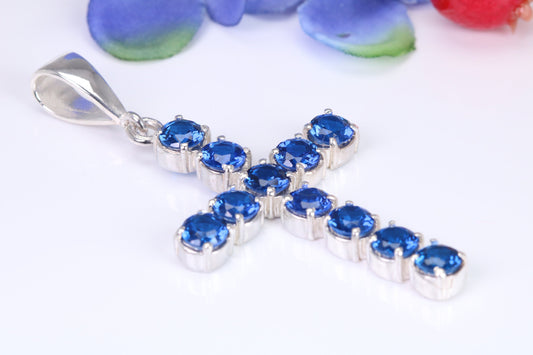 Blue Sapphire C Z set 60 mm Long Cross, Made From Solid Cast Silver