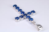 Blue Sapphire C Z set 60 mm Long Cross, Made From Solid Cast Silver