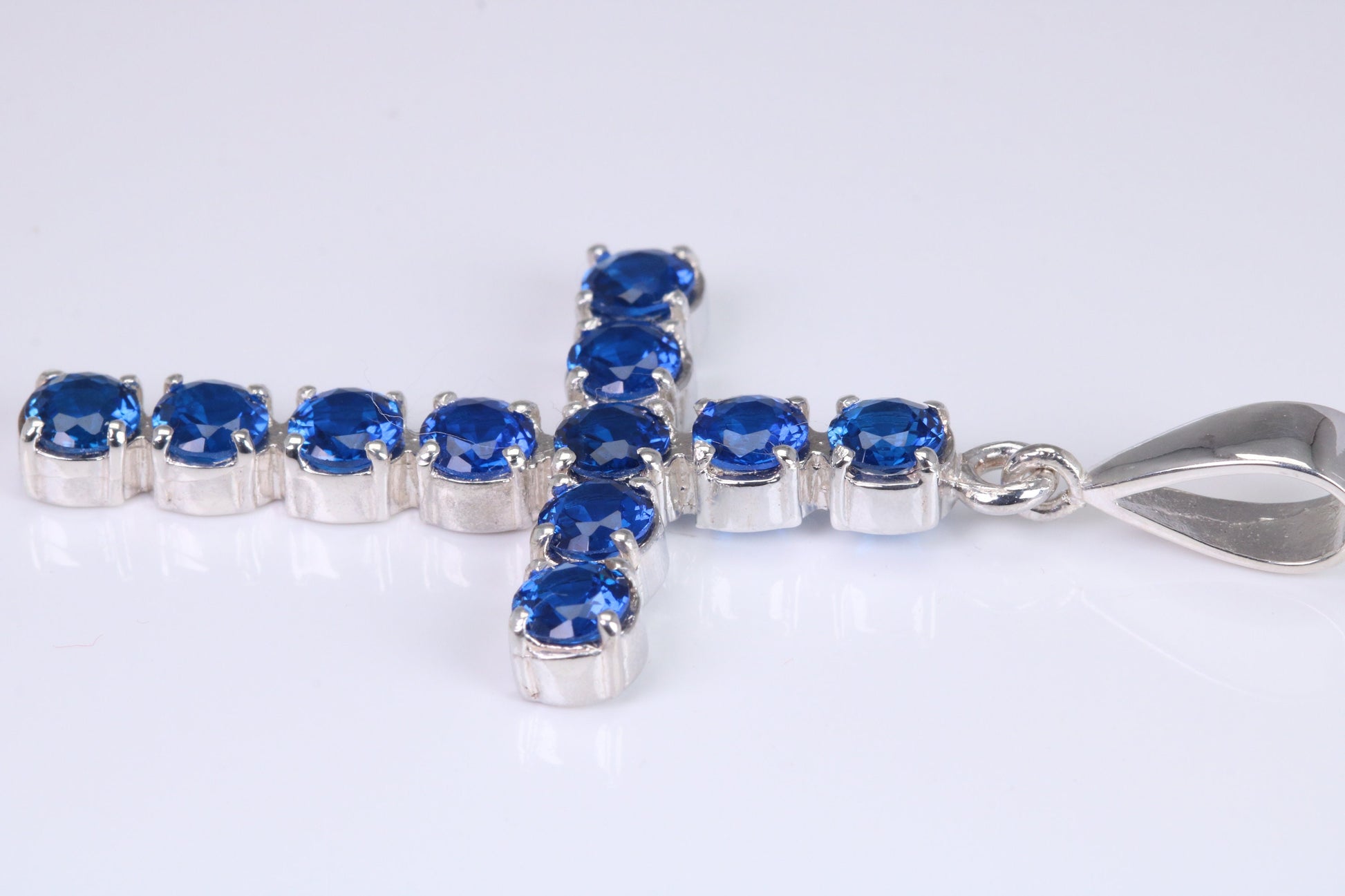Blue Sapphire C Z set 60 mm Long Cross, Made From Solid Cast Silver