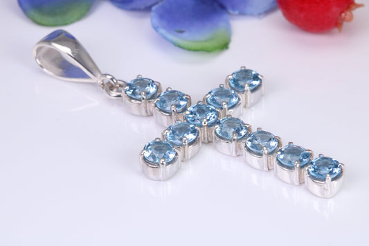 Blue Sapphire C Z set 60 mm Long Cross, Made From Solid Cast Silver