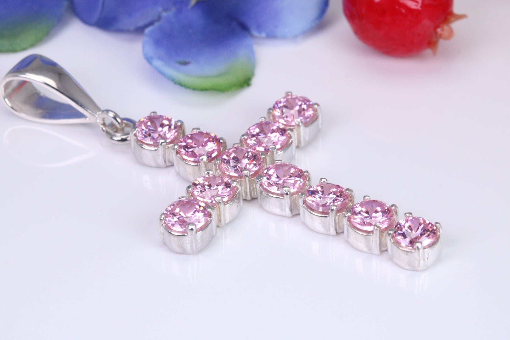 Pink Sapphire C Z set 60 mm Long Cross, Made From Solid Cast Silver