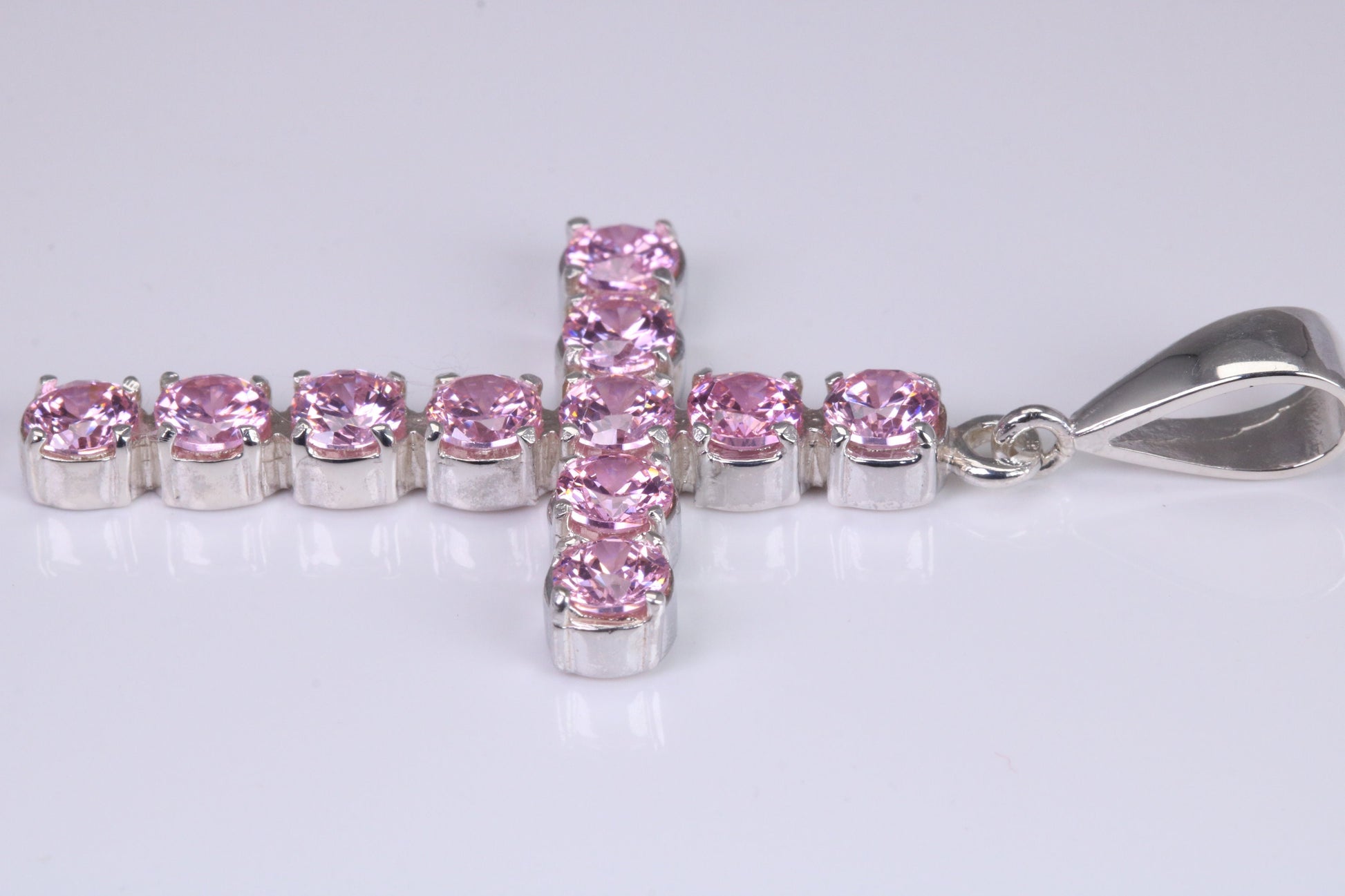 Pink Sapphire C Z set 60 mm Long Cross, Made From Solid Cast Silver