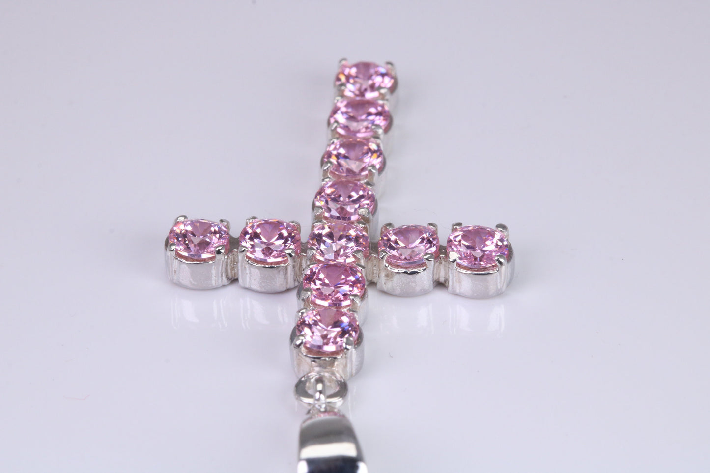 Pink Sapphire C Z set 60 mm Long Cross, Made From Solid Cast Silver